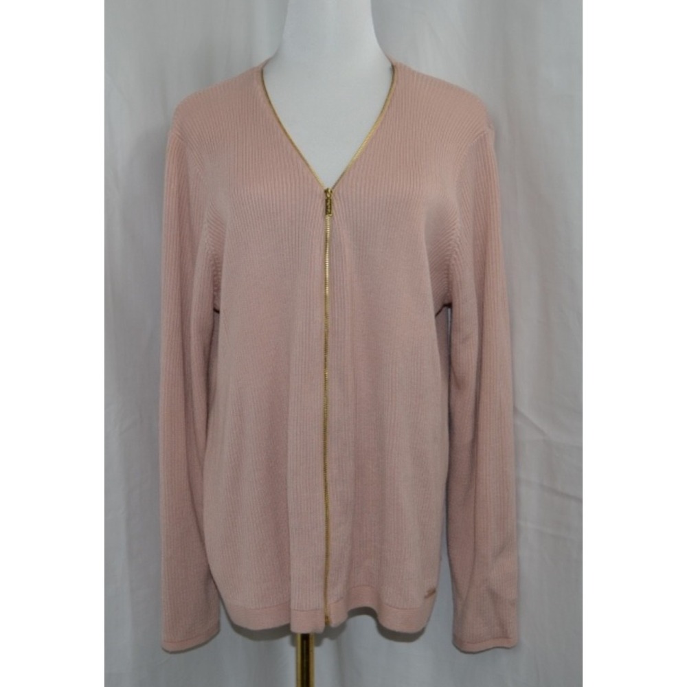 Calvin Klein‎ Women's Dust Pink Rose Sweater Knit Gold Full Zip Jacket Size XL